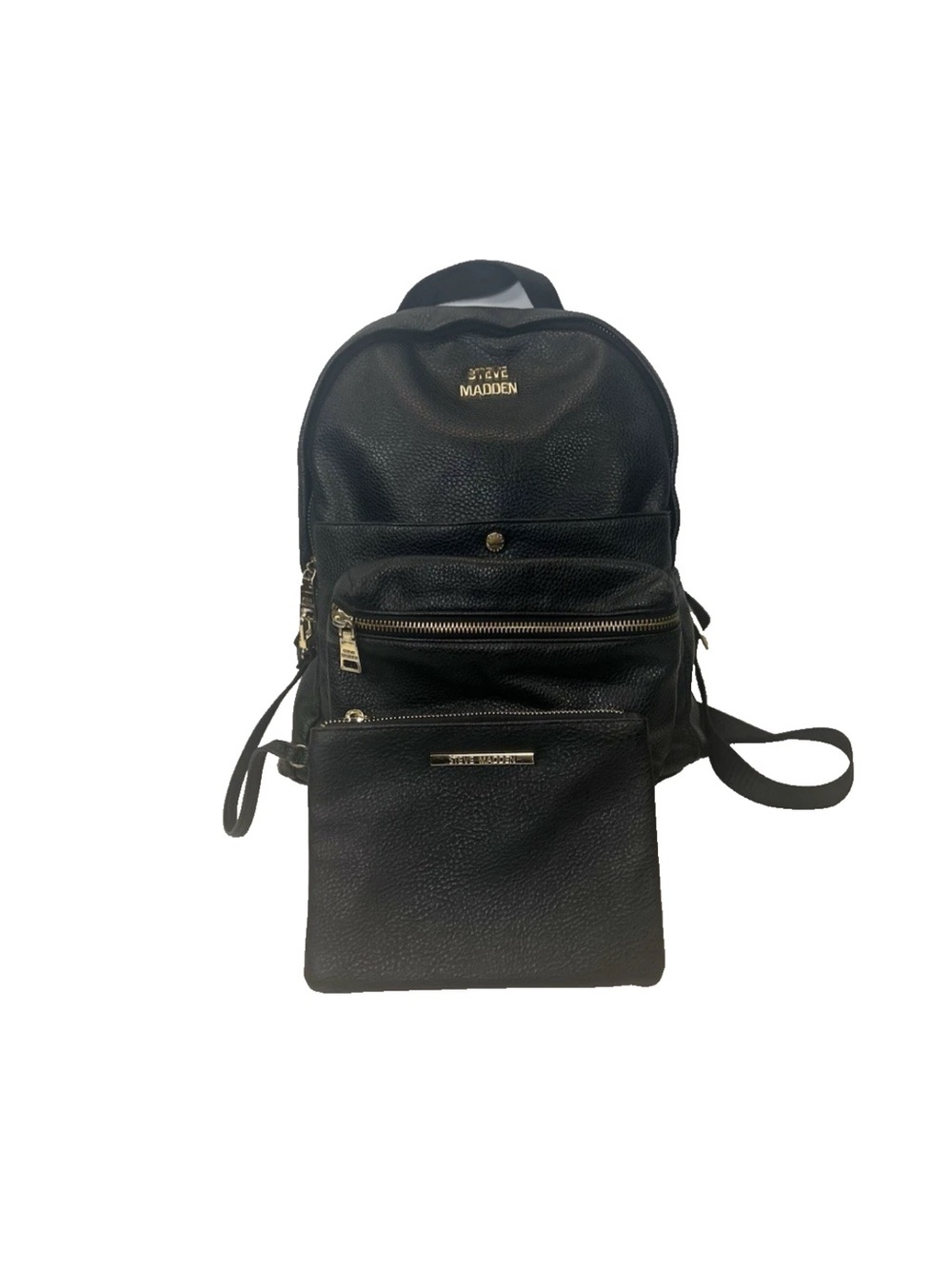 Steve Madden Logo Black Pebbled Faux Leather Backpack with Detachable Zip Pouch